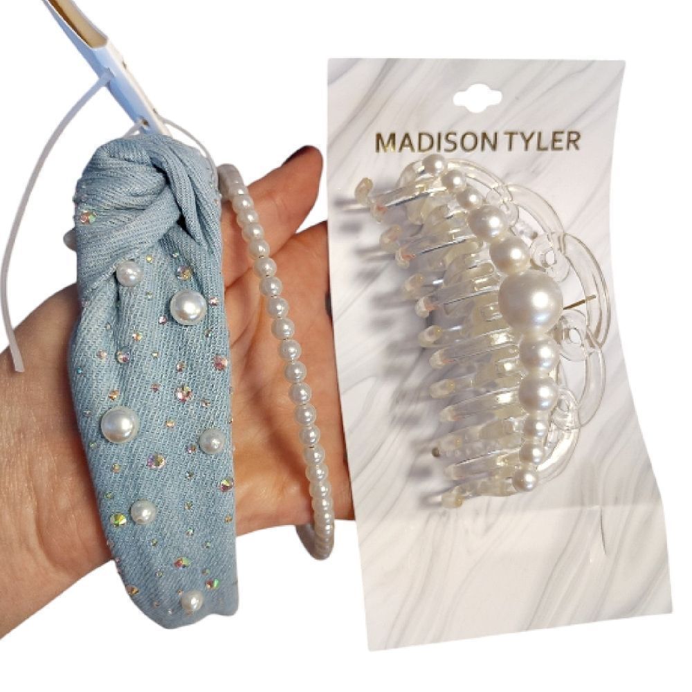 Embellished Pearl Denim Headbands Clip Hair Accessories Lot OF‎ 3 NWT